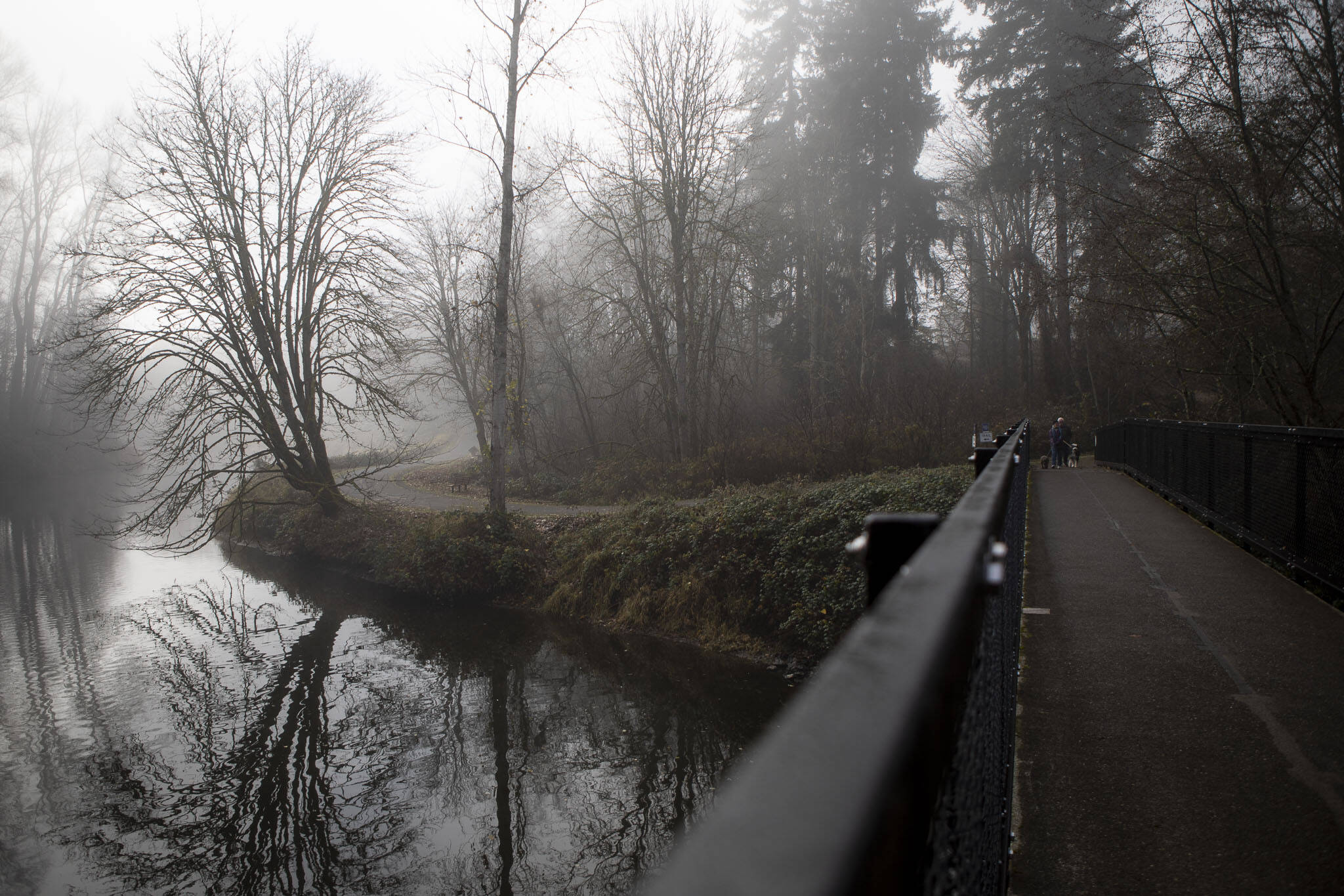 People bundled up in jackets and hats walk along the Sammamish River at Bothell Landing Park in Bothell, Washington on Tuesday, Nov. 28, 2023. Frost and colder temperatures are prompting some Western Washington warming centers to open sooner than later. (Annie Barker / The Herald)