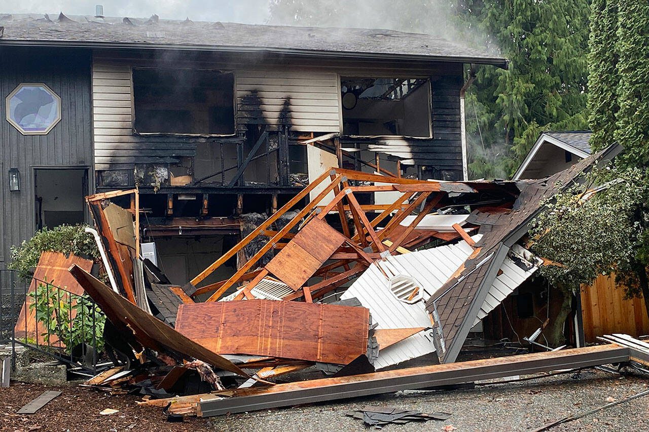 A suspected gas explosion on Wednesday destroyed a house in the 19700 block of 25TH DR SE in Bothell, Washington. (Snohomish Regional Fire & Rescue)