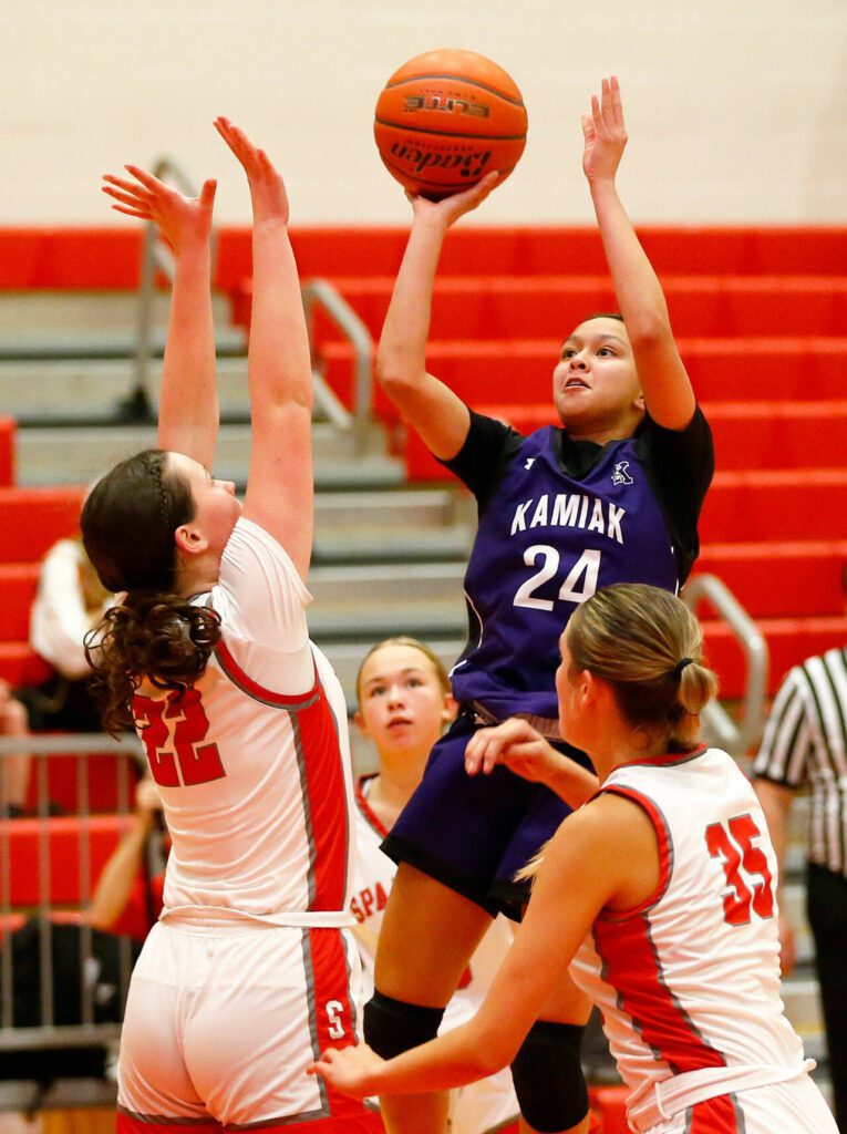 Kamiak senior Bella Hasan shoots a floater against Stanwood on Thursday, Nov. 30, 2023, at Stanwood High School in Stanwood, Washington. (Ryan Berry / The Herald)
