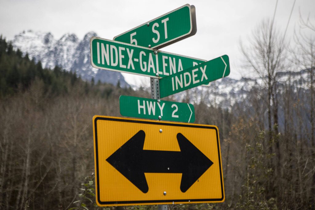 Road signs near Index, Washington on Wedesday, Nov. 29, 2023. (Annie Barker / The Herald)
