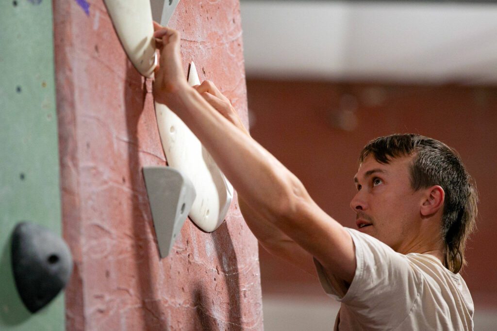 Jack Bears boulders on the top floor at Vertical World North on Monday, Nov. 20, 2023, in Lynnwood, Washington. (Ryan Berry / The Herald)
