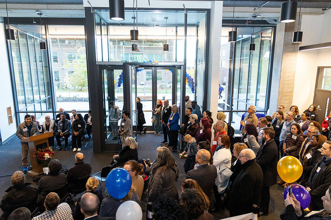 More than 150 people attend a ribbon cutting event on Nov. 16, 2023 celebrating the completion of Innovation Hall at the University of Washington Bothell and Cascadia College campus. The building, which highlights STEM instruction and research, opens to students in January. Credit: Tara Brown Photography/UW Bothell