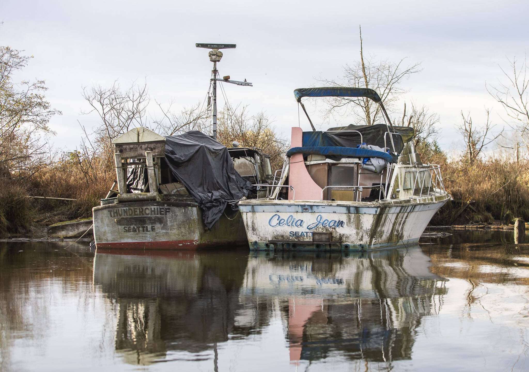 A pair of tethered boats seen along Union Slough on Tuesday, Nov. 21, 2023 in Everett, Washington. (Olivia Vanni / The Herald)