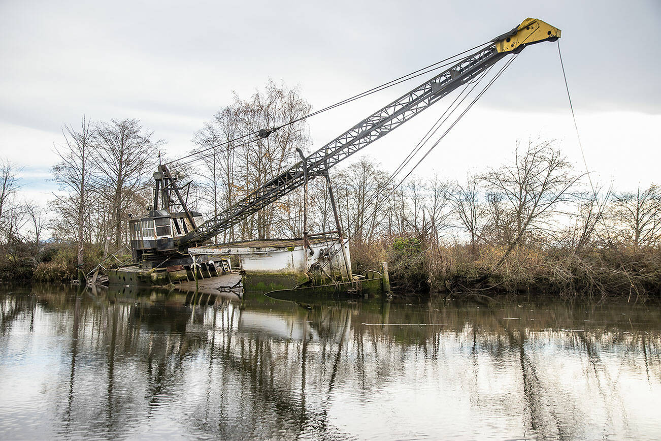 A derelict boat seen in Union Slough on Tuesday, Nov. 21, 2023 in Everett, Washington. (Olivia Vanni / The Herald)