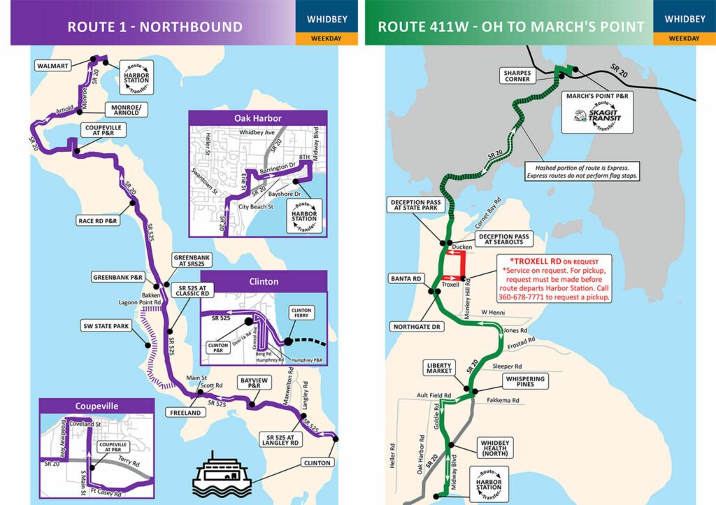 Maps of bus routes taken from the Island Transit Service Guide, effective Oct. 1, 2023. 
