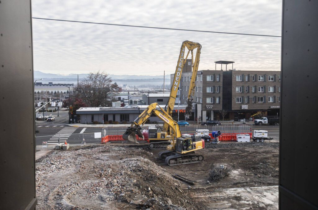 A view of the Broadway construction site of Compass Health’s new mental health facility on Wednesday, Nov. 29, 2023 in Everett, Washington. (Olivia Vanni / The Herald)
