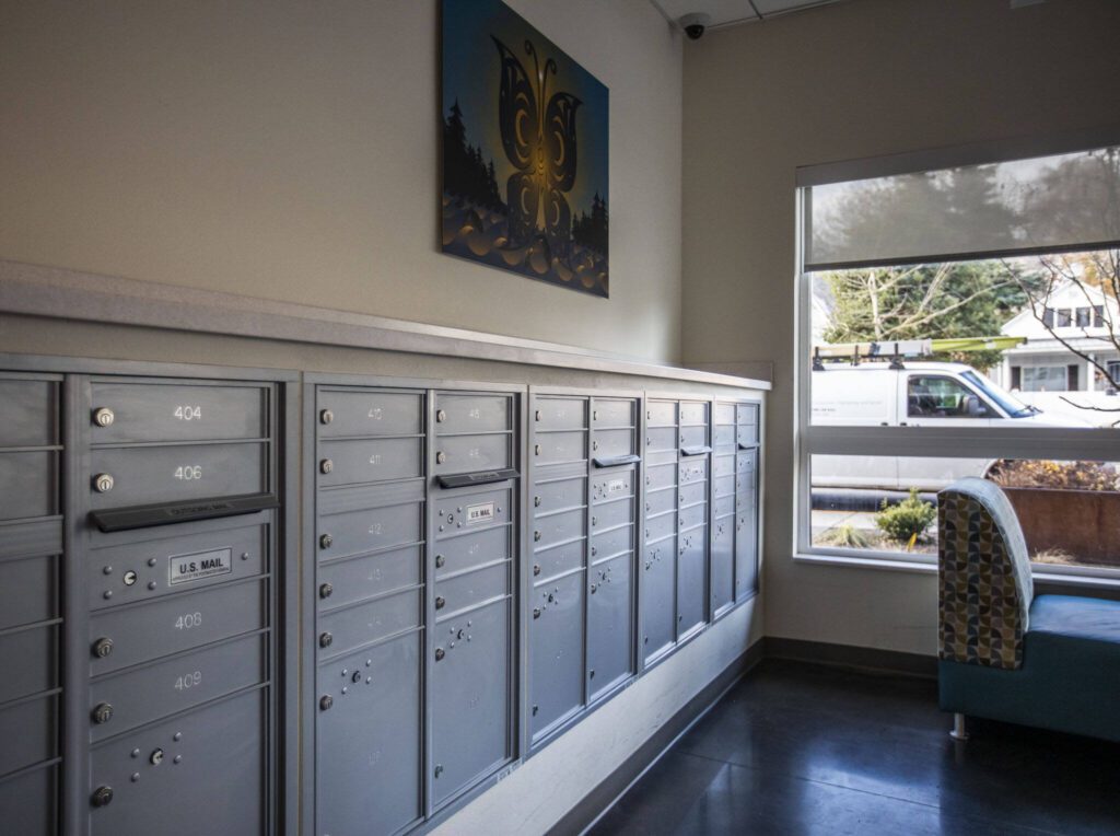 Resident’s mailboxes inside Andy’s Place on Wednesday, Nov. 29, 2023 in Everett, Washington. (Olivia Vanni / The Herald)
