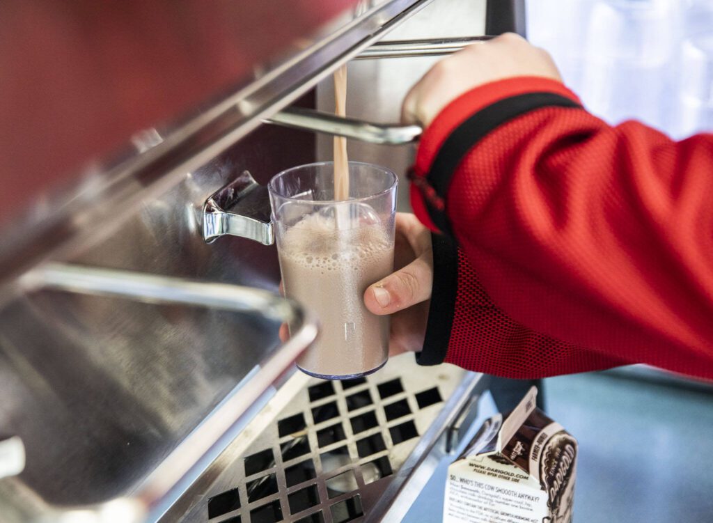 Darrington Elementary School students use a lever to fill up cups of milk from their school’s milk dispensers on Monday, Nov. 20, 2023 in Darrington, Washington. (Olivia Vanni / The Herald)
