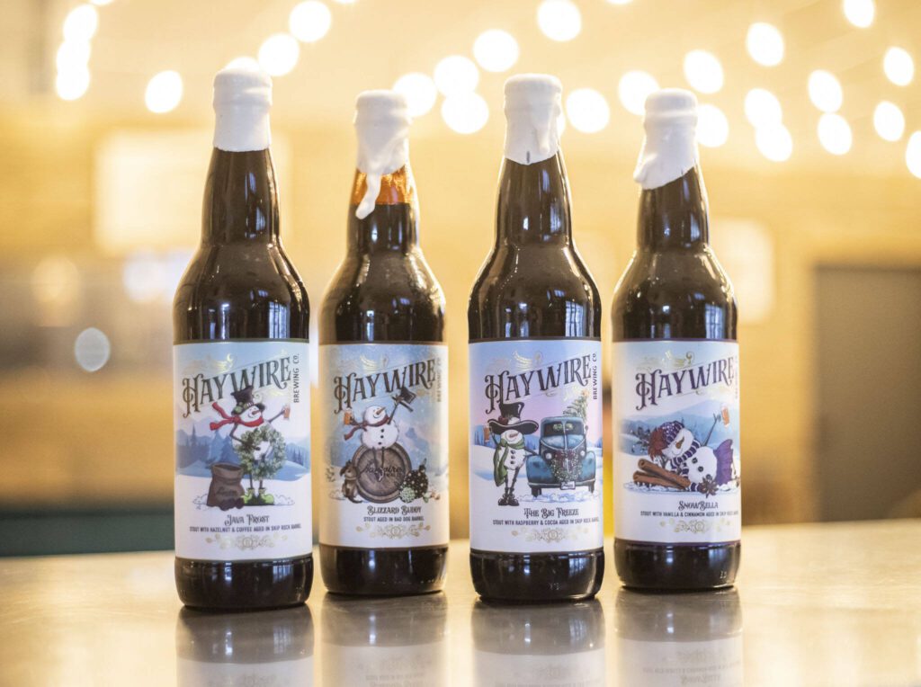 A selection of Haywire Brewing Company’s barrel aged winter releases on Wednesday, Nov. 29, 2023 in Snohomish, Washington. (Olivia Vanni / The Herald)

