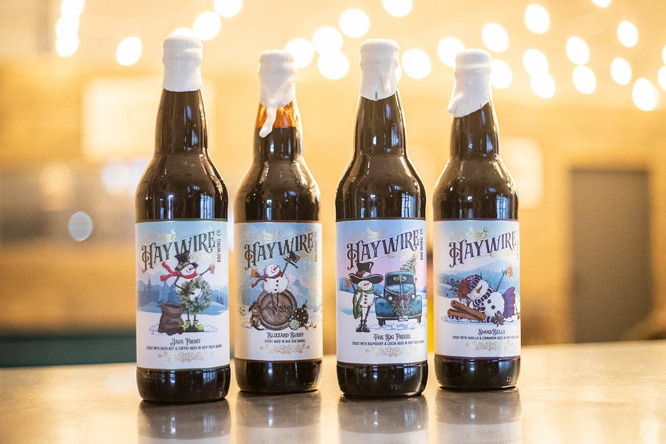 A selection of Haywire Brewing Company’s barrel aged winter releases on Wednesday, Nov. 29, 2023 in Snohomish, Washington. (Olivia Vanni / The Herald)