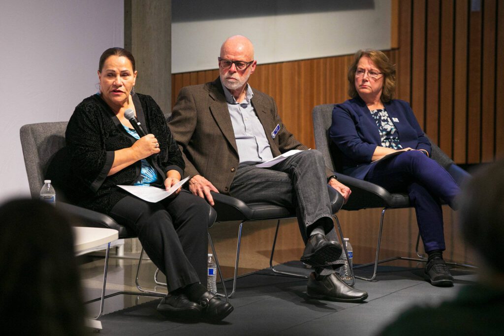 From left, Tulalip Tribes Chairwoman Teri Gobin, Stanwood Mayor Sid Roberts and Lynnwood Mayor Christine Frizzell participate in a panel during the Building Bridges Summit on Monday, Dec. 4, 2023, at Washington State University Everett in Everett, Washington. (Ryan Berry / The Herald)
