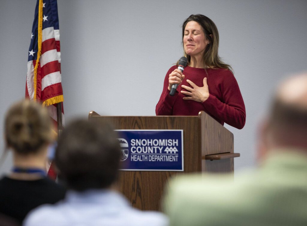 Dr. Ryan Keay, a physician at Providence Regional Medical Center Everett, speaks at a press conference held in celebration of the STI clinic openingon Friday, Dec. 1, 2023 in Everett, Washington. (Olivia Vanni / The Herald)
