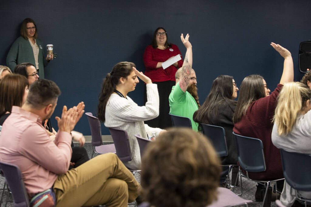 Snohomish County STI clinic employees are recognized at a press conference held in celebration of the STI clinic openingon Friday, Dec. 1, 2023 in Everett, Washington. (Olivia Vanni / The Herald)
