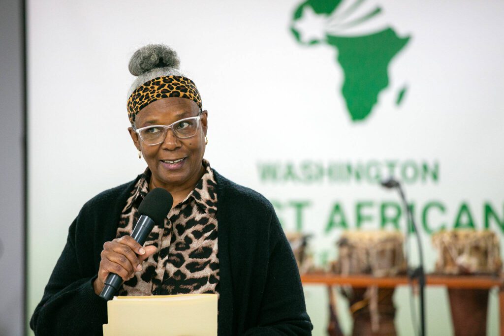 Gloria Walton, WAWAC Board Chairperson, speaks during the grand opening of the Washington West African Center on Saturday, Dec. 2, 2023, in Lynnwood, Washington. (Ryan Berry / The Herald)
