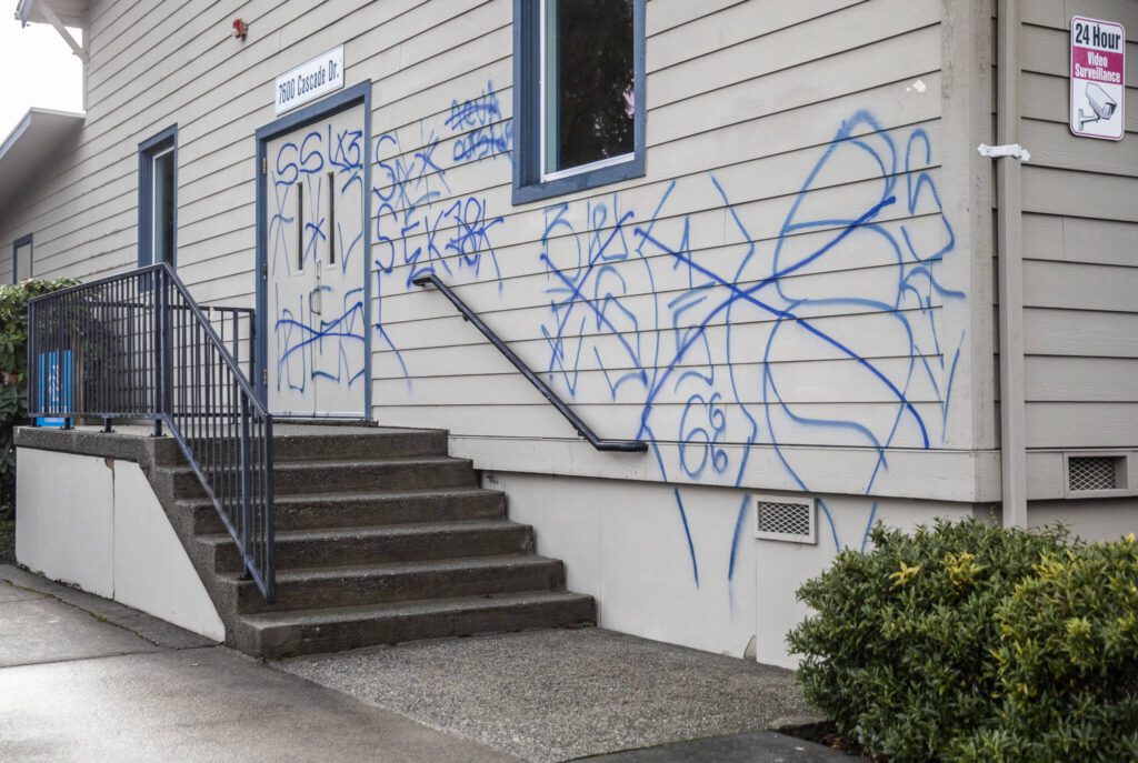 Graffiti seen on the eastern side of the Cascade Boys Girls Club of Snohomish County on Friday, Dec. 1, 2023 in Everett, Washington. (Olivia Vanni / The Herald)
