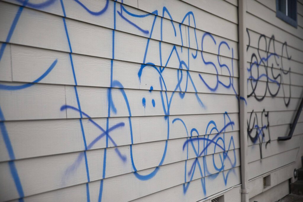 Graffiti on the exterior of the Cascade Boys Girls Club of Snohomish County on Friday, Dec. 1, 2023 in Everett, Washington. (Olivia Vanni / The Herald)
