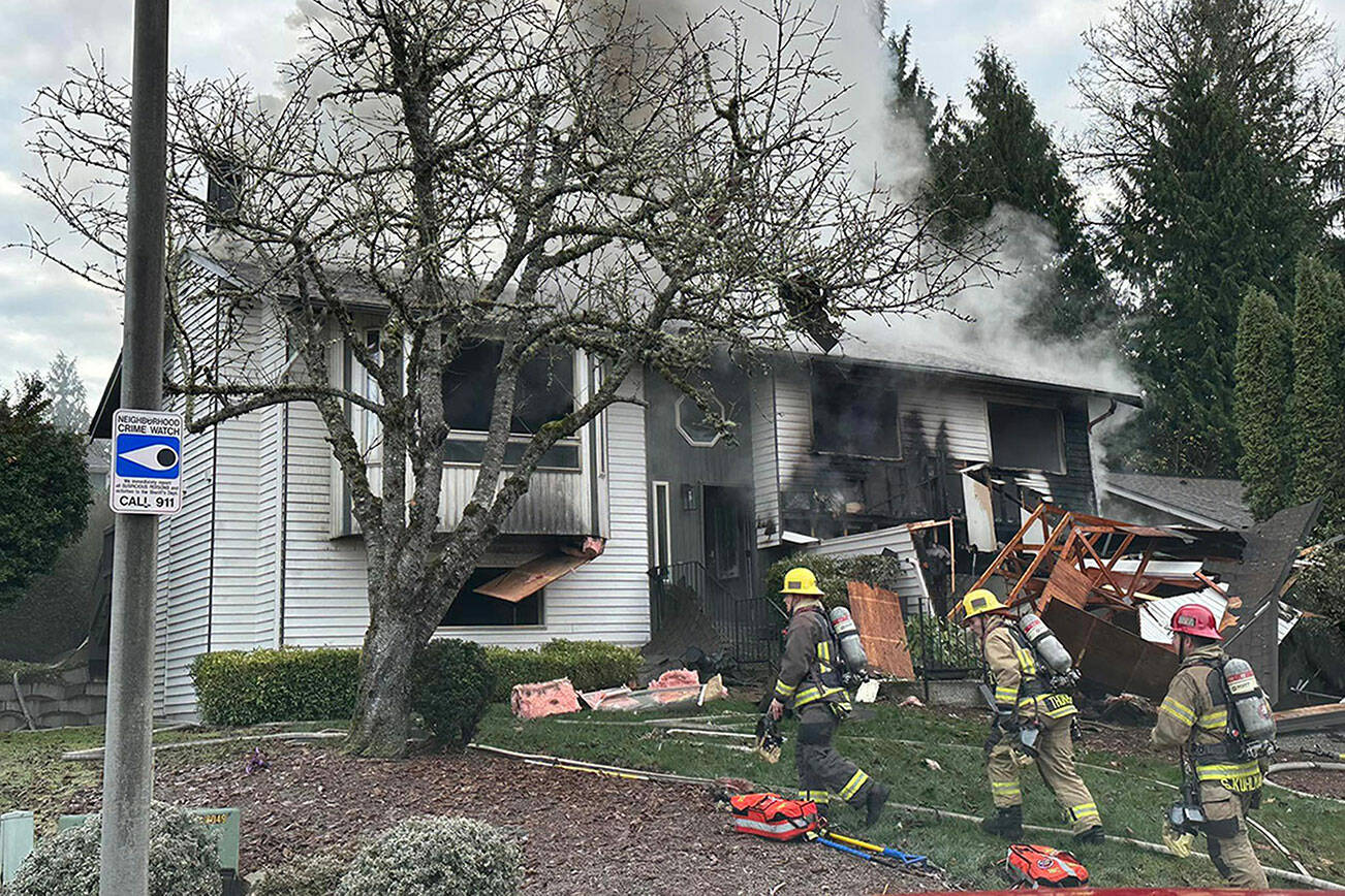 A suspected gas explosion on Wednesday destroyed a house in the 19700 block of 25TH DR SE in Bothell, Washington. (Snohomish Regional Fire & Rescue)