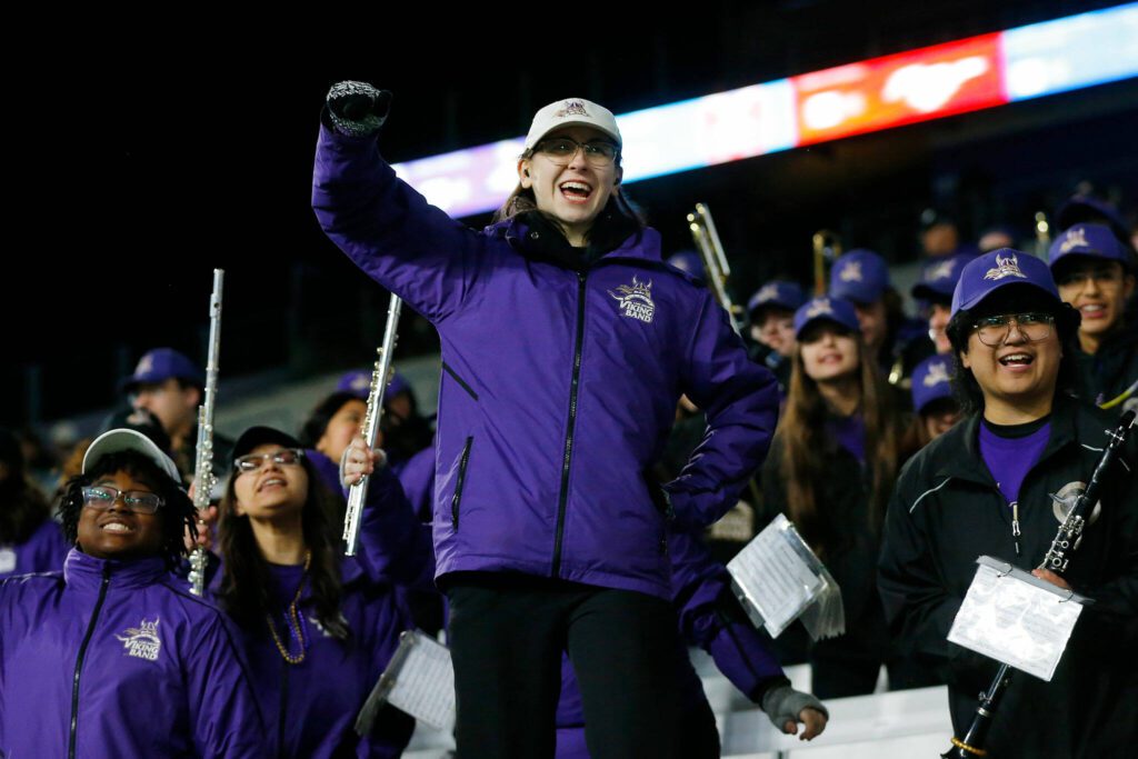 The Lake Stevens band cheers after their team’s touchdown against Graham-Kapowsin during the WIAA 4A Football State Championship on Saturday, Dec. 2, 2023, at Husky Stadium in Seattle, Washington. (Ryan Berry / The Herald)
