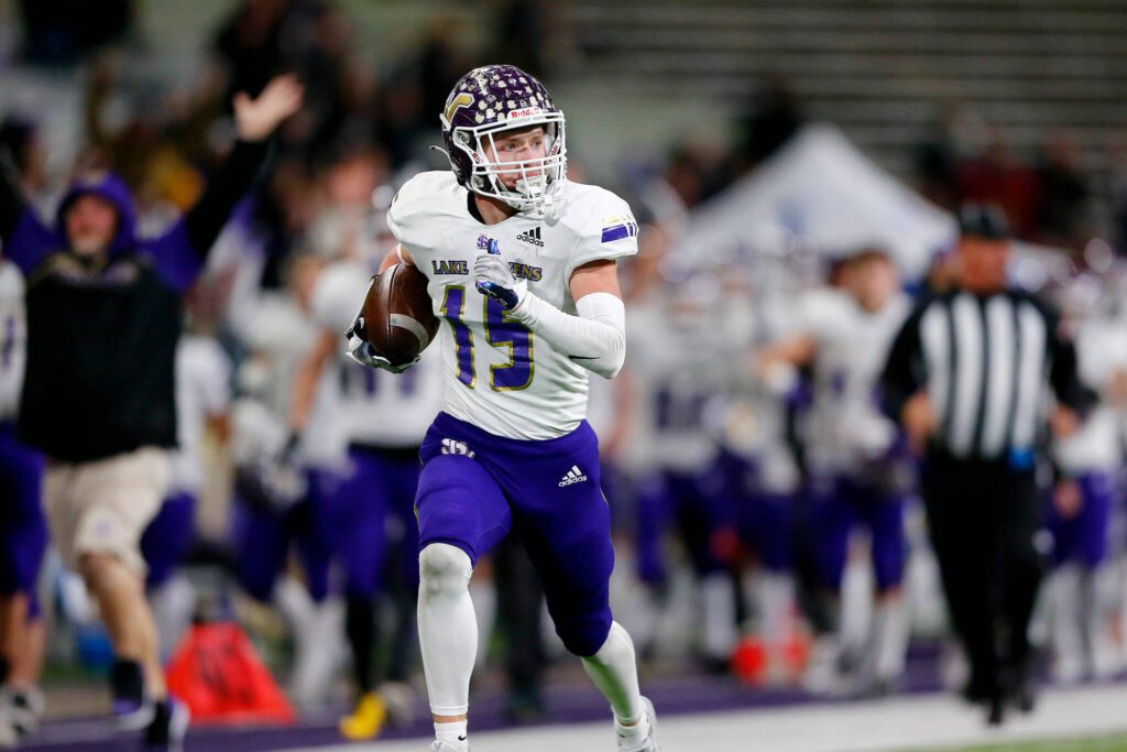 Lake Stevens senior Jesse Lewis coasts into the end zone for a touchdown on a long catch and run against Graham-Kapowsin during the WIAA 4A Football State Championship on Saturday, Dec. 2, 2023, at Husky Stadium in Seattle, Washington. (Ryan Berry / The Herald)
