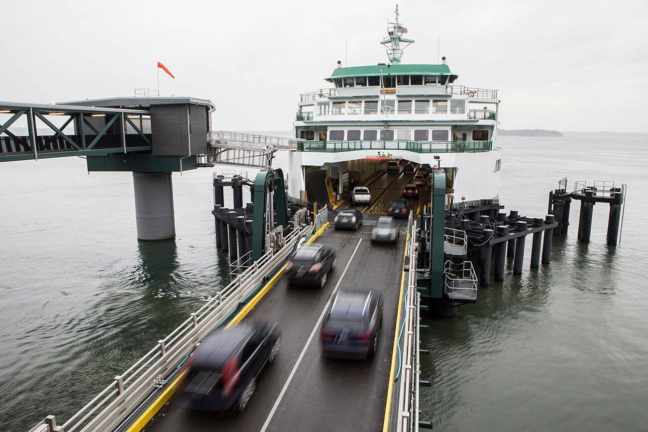 Cars drive onto the ferry at the Mukilteo terminal on Monday, Nov. 1, 2021 in Mukilteo, Wa. (Olivia Vanni / The Herald)