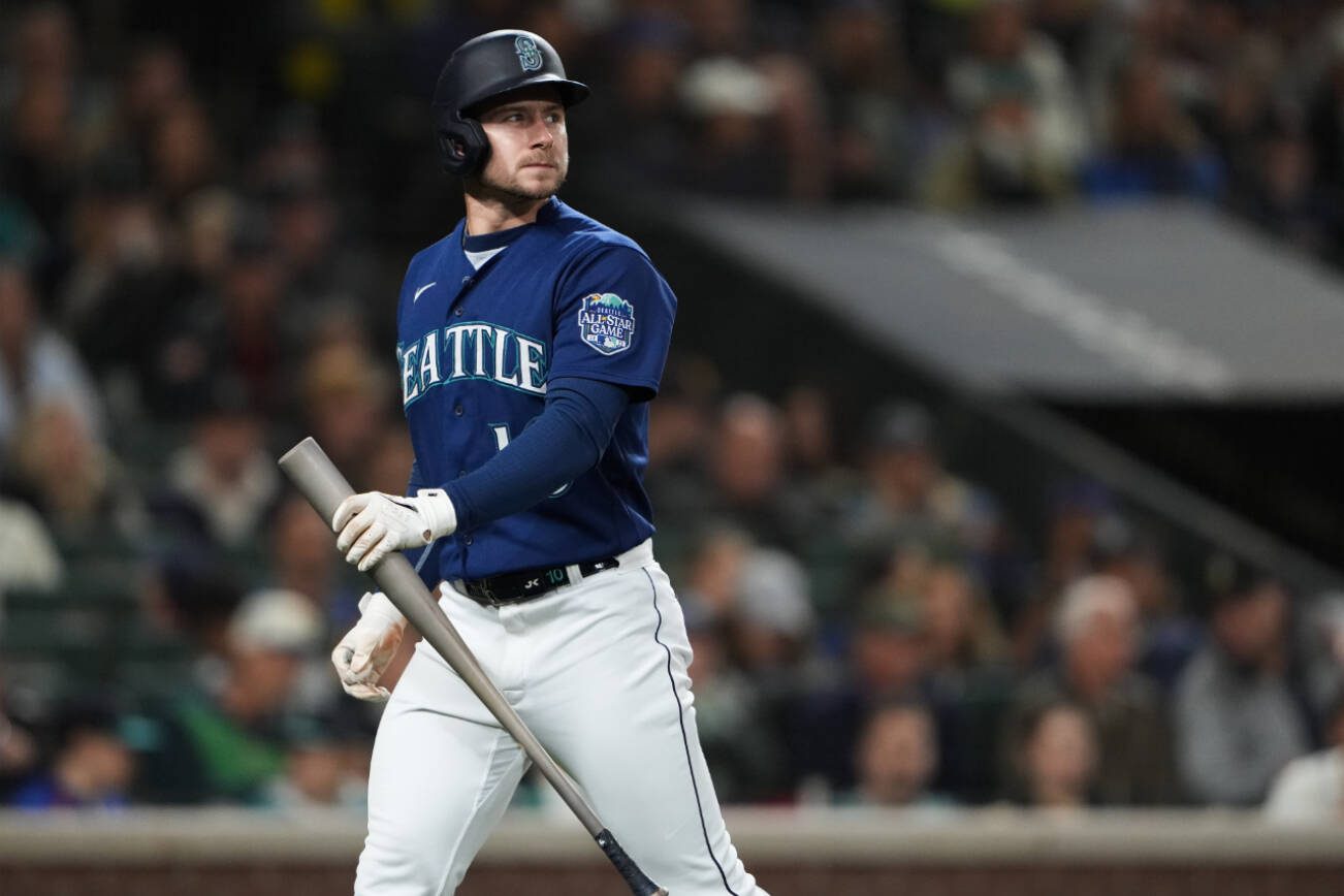 Seattle Mariners' Jarred Kelenic looks on after striking out against the Houston Astros in a baseball game Wednesday, Sept. 27, 2023, in Seattle. The Astros won 8-3. (AP Photo/Lindsey Wasson)