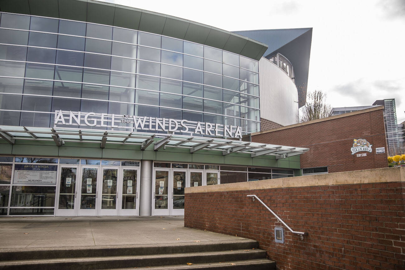 Outside of Angel of the Winds Arena on Wednesday, Nov. 22, 2023 in Everett, Washington. (Olivia Vanni / The Herald)