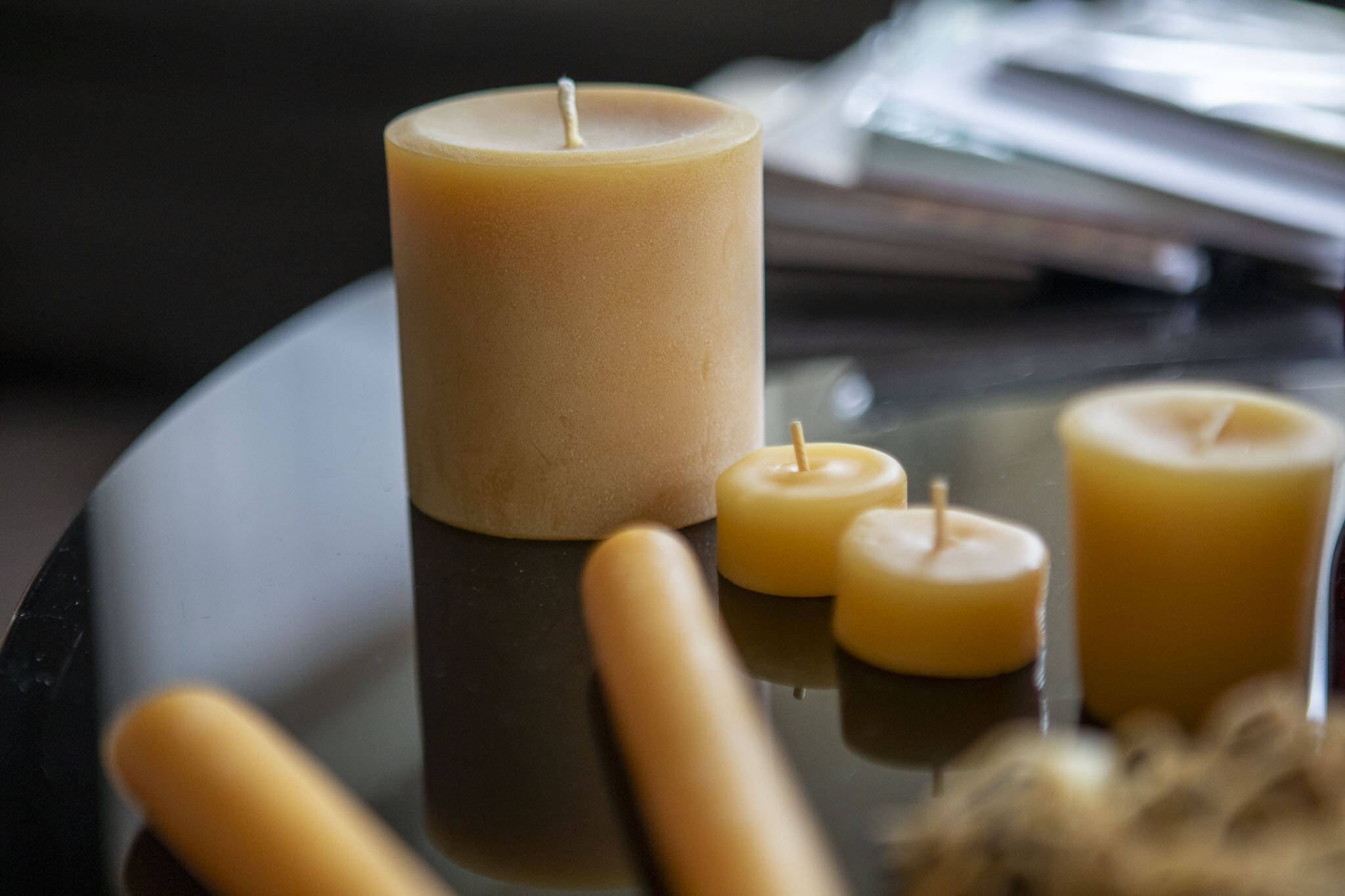 Beeswax candles from Golden Light Beeswax Candles in Everett, Washington on Thursday, Nov. 30, 2023. (Annie Barker / The Herald)