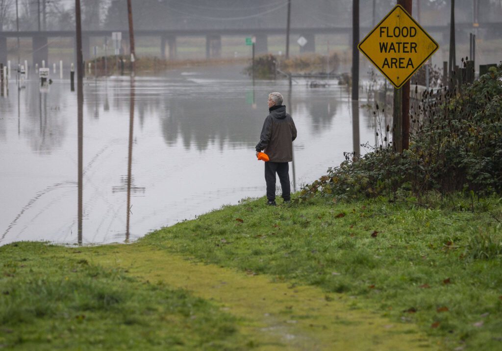 A man pauses to look out over the flooding along Old Snohomish Monroe Road on Wednesday, Dec. 6, 2023 in Snohomish, Washington. (Olivia Vanni / The Herald)
