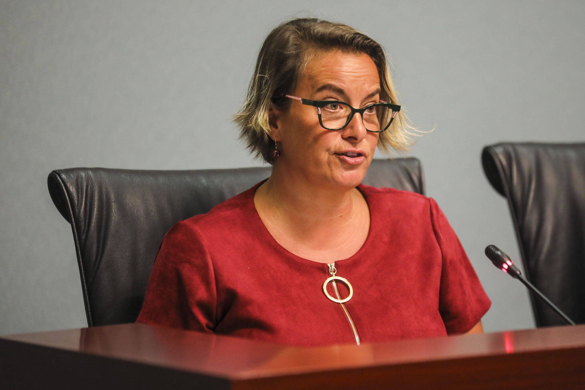 Everett Mayor Cassie Franklin gives an address to the city council of her proposed 2024 budget at the Everett Police Department North Precinct in Everett, Washington on Wednesday, Sept. 20, 2023. (Annie Barker / The Herald)