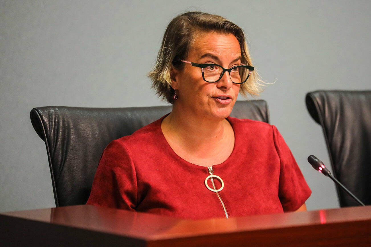 Everett Mayor Cassie Franklin gives an address to the city council of her proposed 2024 budget at the Everett Police Department North Precinct in Everett, Washington on Wednesday, Sept. 20, 2023. (Annie Barker / The Herald)