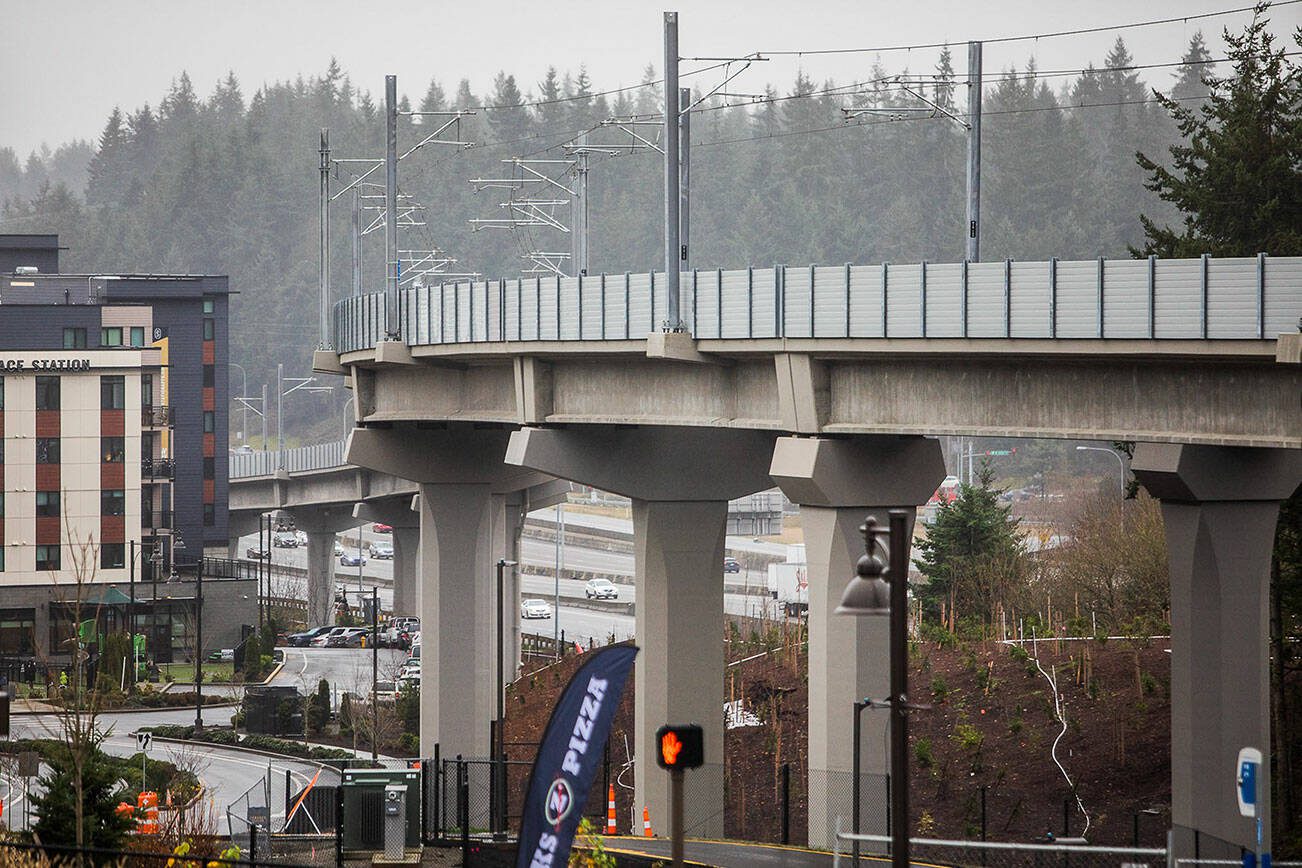 An almost finished portion of Sound Transit rail lines to the new Mountlake Terrace station on Tuesday, Dec. 19, 2023 in Everett, Washington. (Olivia Vanni / The Herald)