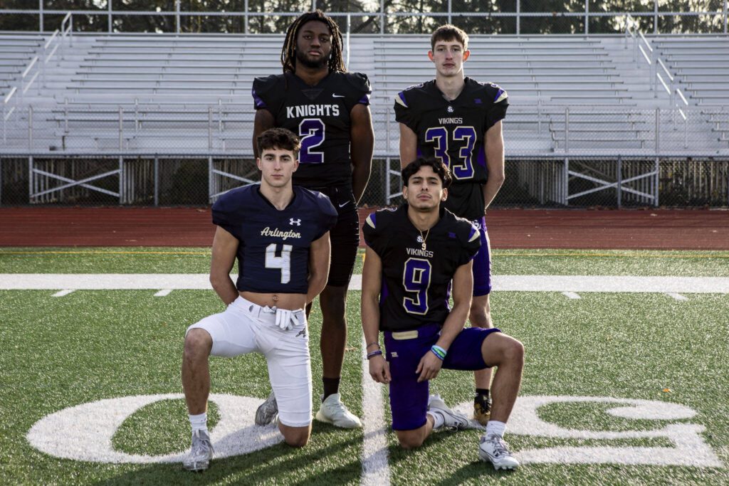 (Left to right, back row to front row) T’andre Waverly (2), David Brown (33), Jake Willis (4), and Paul Varela (9) on Dec. 17 at Lake Stevens High School. (Annie Barker / The Herald)
