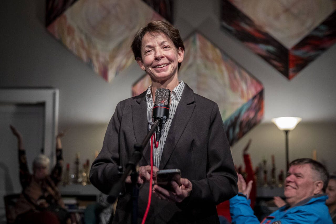 Susanna Johnson announces preliminary election counts for the Snohomish County Sheriff’s Office race on election night, Nov. 7, at a rally with supporters in Snohomish. Johnson won the election with 51.5 percent support. (Annie Barker / The Herald file photo)
