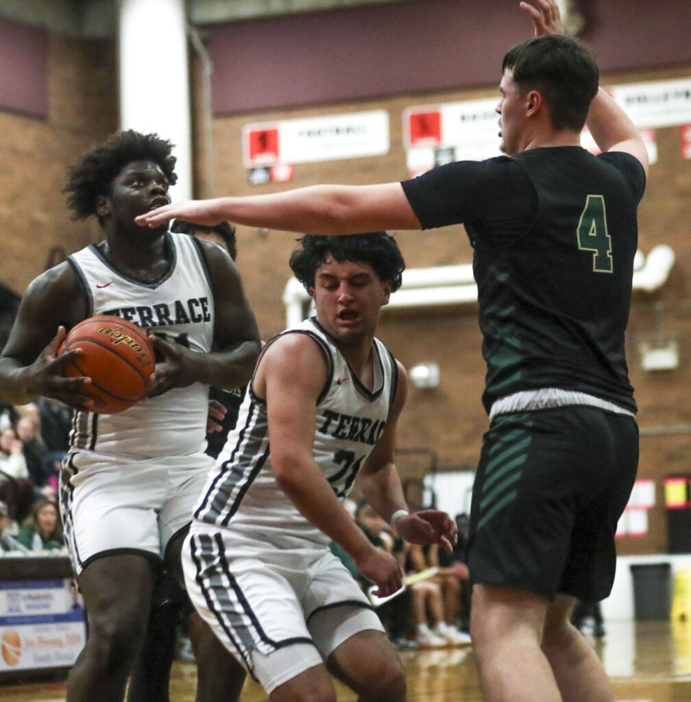 Mountlake Terrace’s Zaveon Jones (41) shoots the ball during a boys basketball game between Mountlake Terrace and Marysville Getchell at Mountlake Terrace High School in Mountlake Terrace, Washington on Friday, Dec. 8, 2023. Mountlake Terrace won, 58-56. (Annie Barker / The Herald)
