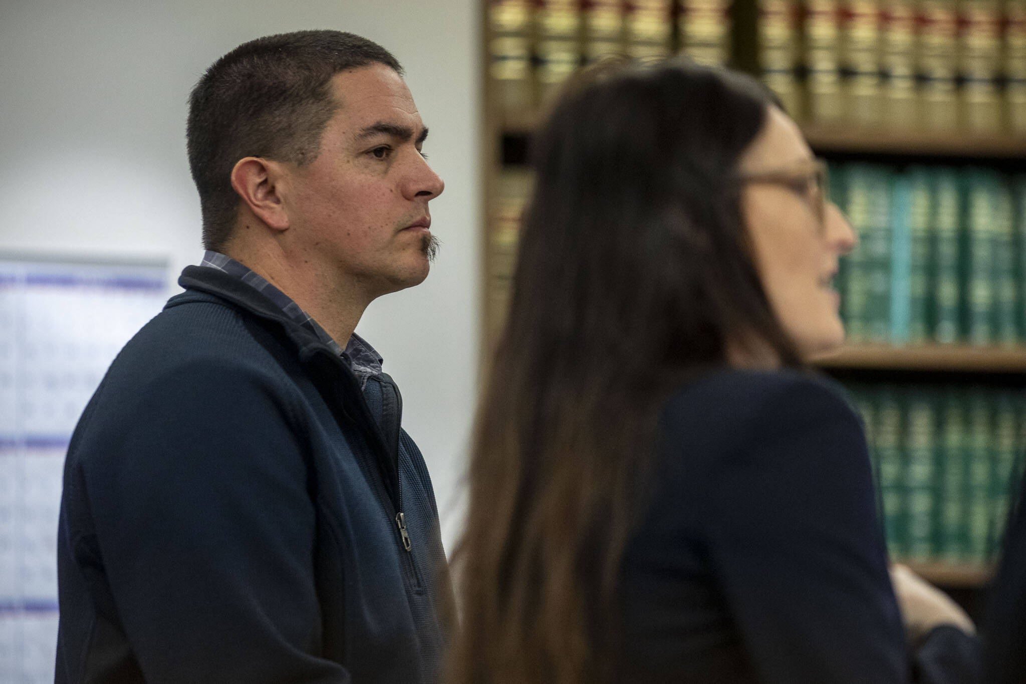 Frank Sandoval listens during his sentencing at the Snohomish County Courthouse in Everett, Washington on Wednesday, Dec. 13, 2023. (Annie Barker / The Herald)