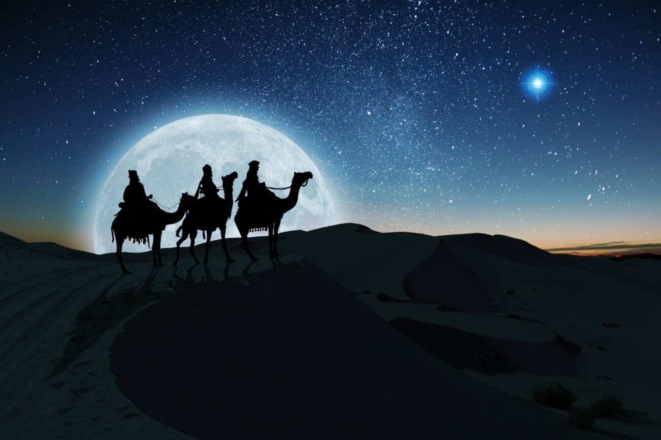 The Three Wise Men follow the Star of Bethlehem on their journey to the birth of Christ