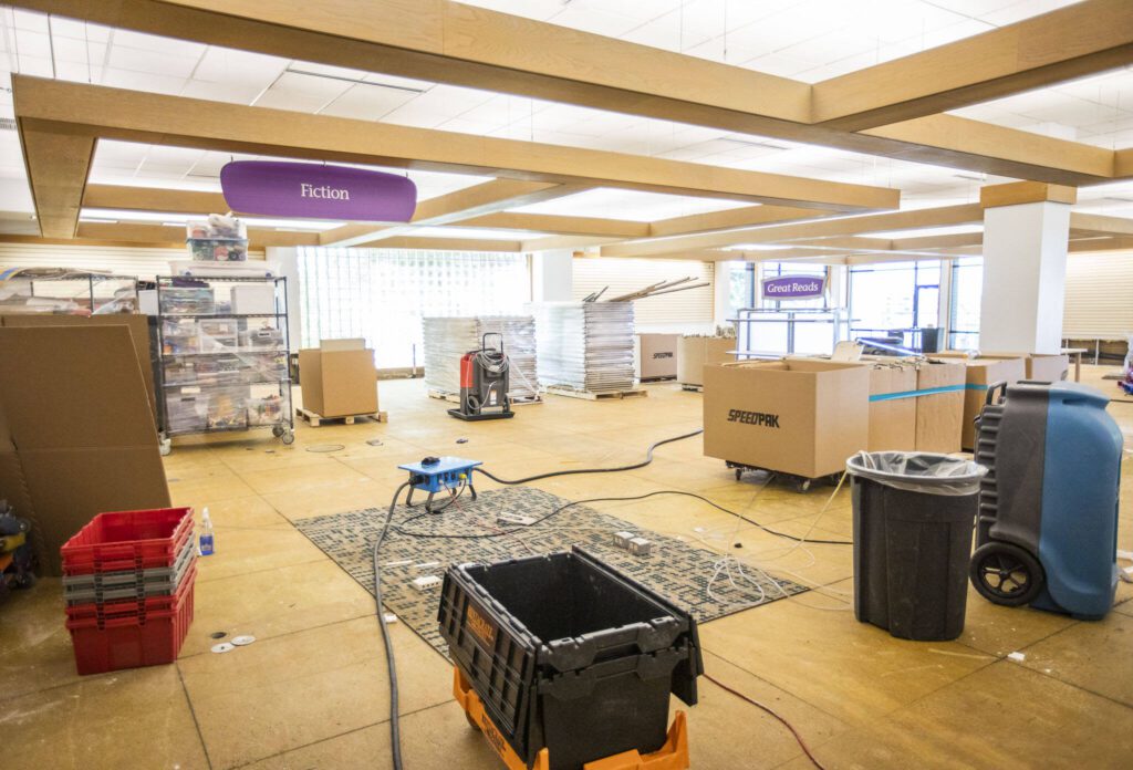 Inside the Edmonds Library that is currently under renovation after water damage from a burst pipe on Friday, July 15, 2022 in Edmonds, Washington. (Olivia Vanni / The Herald)
