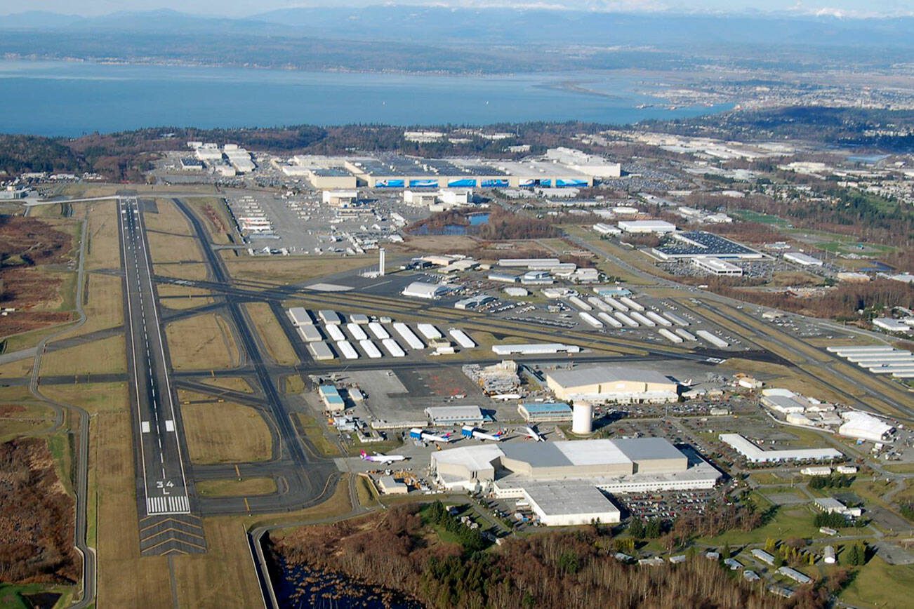 Looking north, an aerial view of Paine Field in Everett. (Paine Field / Snohomish County) 20220605