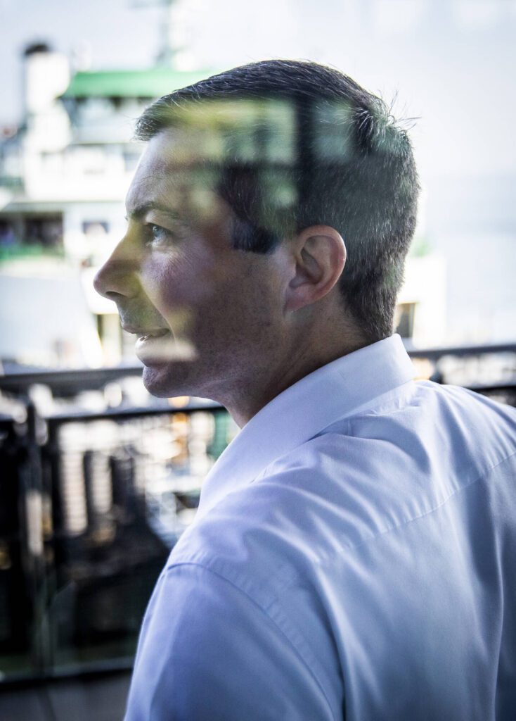 U.S. Transportation Secretary Pete Buttigieg visits the Mukilteo Ferry Terminal to see firsthand how federal funds have been used in the Washington State Ferries system on July 6, 2023, in Mukilteo, Washington. (Olivia Vanni / The Herald) 
