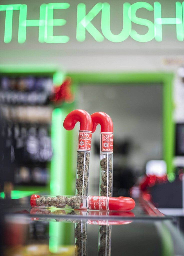 An assortment of candy canes filled with different strains of flowers on Friday, Dec. 15, 2023 in Everett, Washington. (Olivia Vanni / The Herald)
