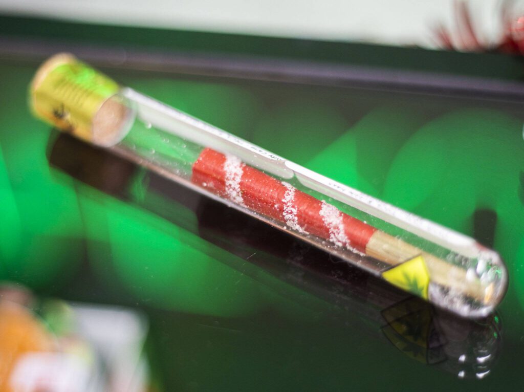 A candy cane triple infused pre-rolled joint at The Kushery on Friday, Dec. 15, 2023 in Everett, Washington. (Olivia Vanni / The Herald)
