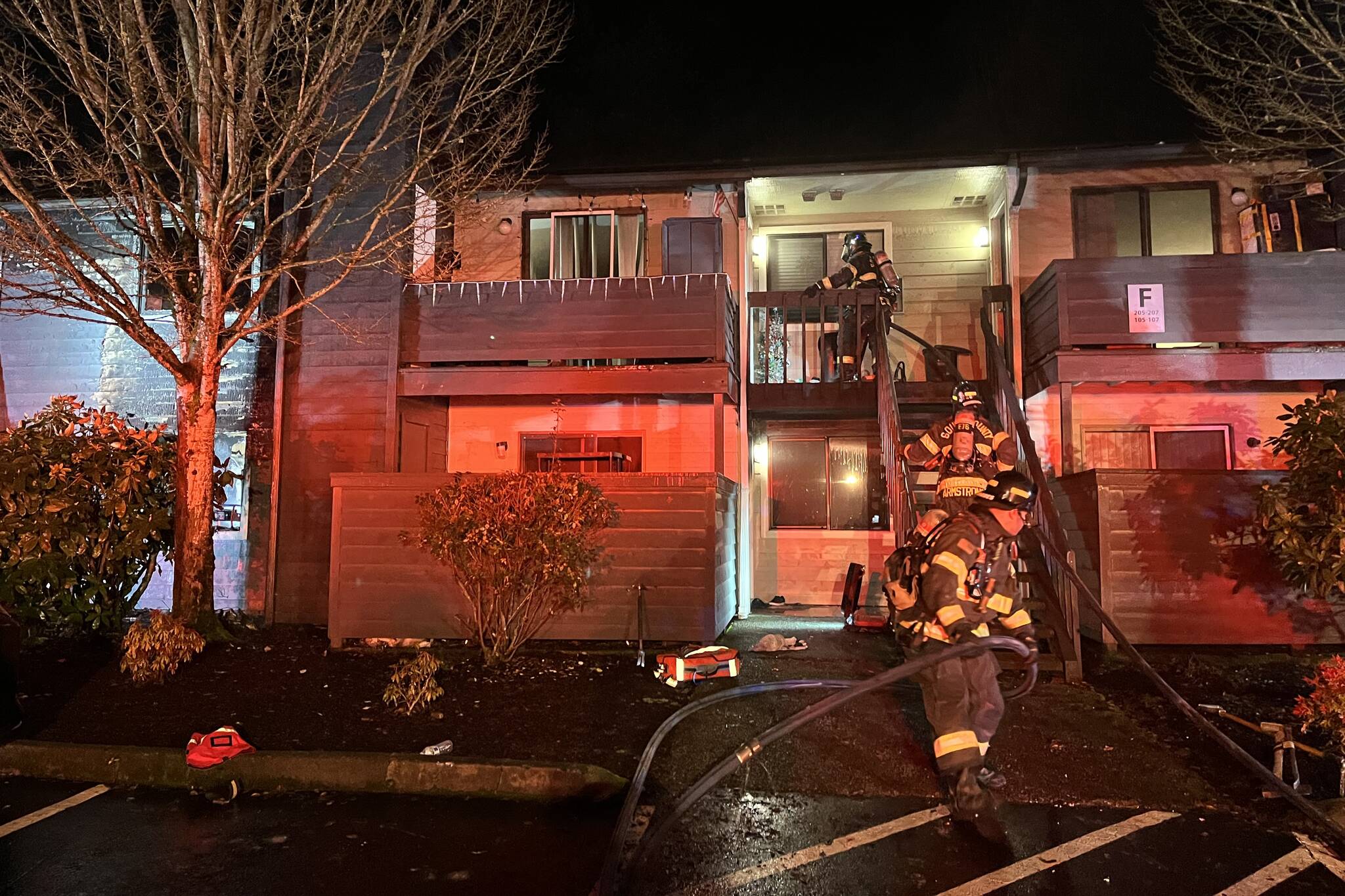 Firefighters respond to an early morning fire Saturday at The Ardent apartments in Mill Creek, Washington. (South County Fire)