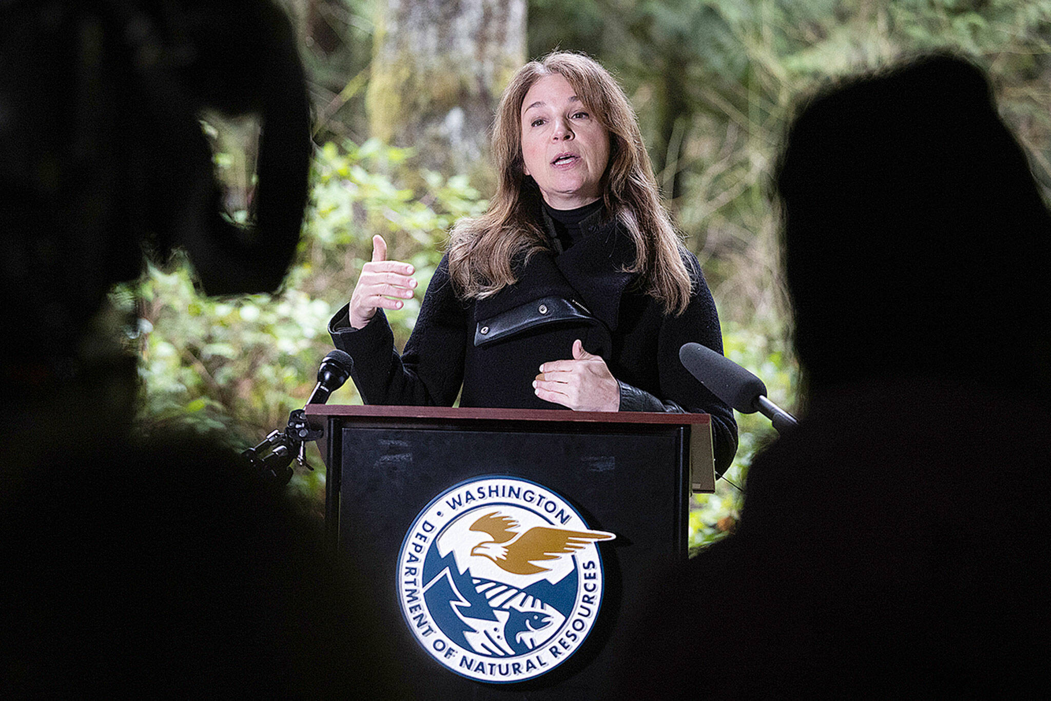 Commissioner of Public Lands Hilary Franz announces that 2,000 acres of structurally complex state forestland are proposed to be set aside for conservation as funded by the Climate Commitment Act, Monday, Dec. 18, 2023 in Issaquah. The land will join the more than 900,000 acres of forestland that the Washington State Department of Natural Resources (DNR) already manages for conservation in western Washington. (Ken Lambert/The Seattle Times/TNS)