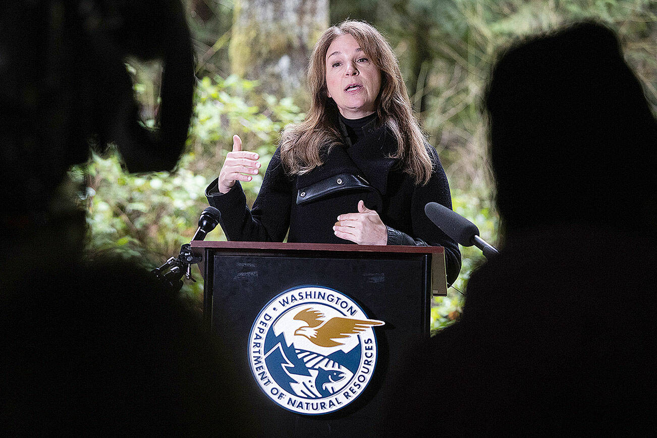 Commissioner of Public Lands Hilary Franz announces that 2,000 acres of structurally complex state forestland are proposed to be set aside for conservation as funded by the Climate Commitment Act, Monday, Dec. 18, 2023 in Issaquah. The land will join the more than 900,000 acres of forestland that the Washington State Department of Natural Resources (DNR) already manages for conservation in western Washington. (Ken Lambert/The Seattle Times/TNS)