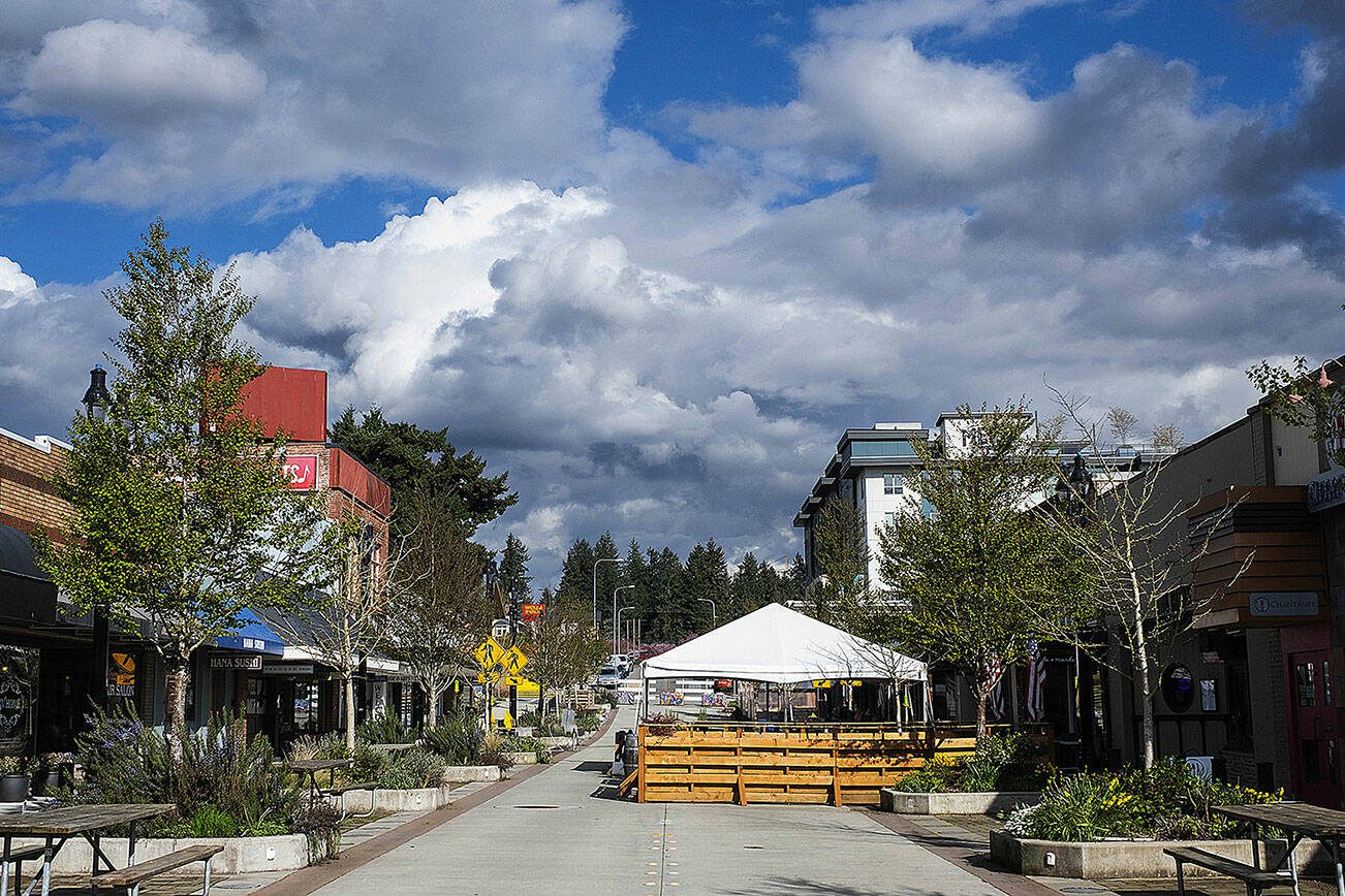 The Bothell City Council voted to extend the closure of a block of downtown Main Street, seen Thursday, March 31, 2022, for another two years in a desire to create a community gather space. (Dean Rutz/The Seattle Times/TNS)