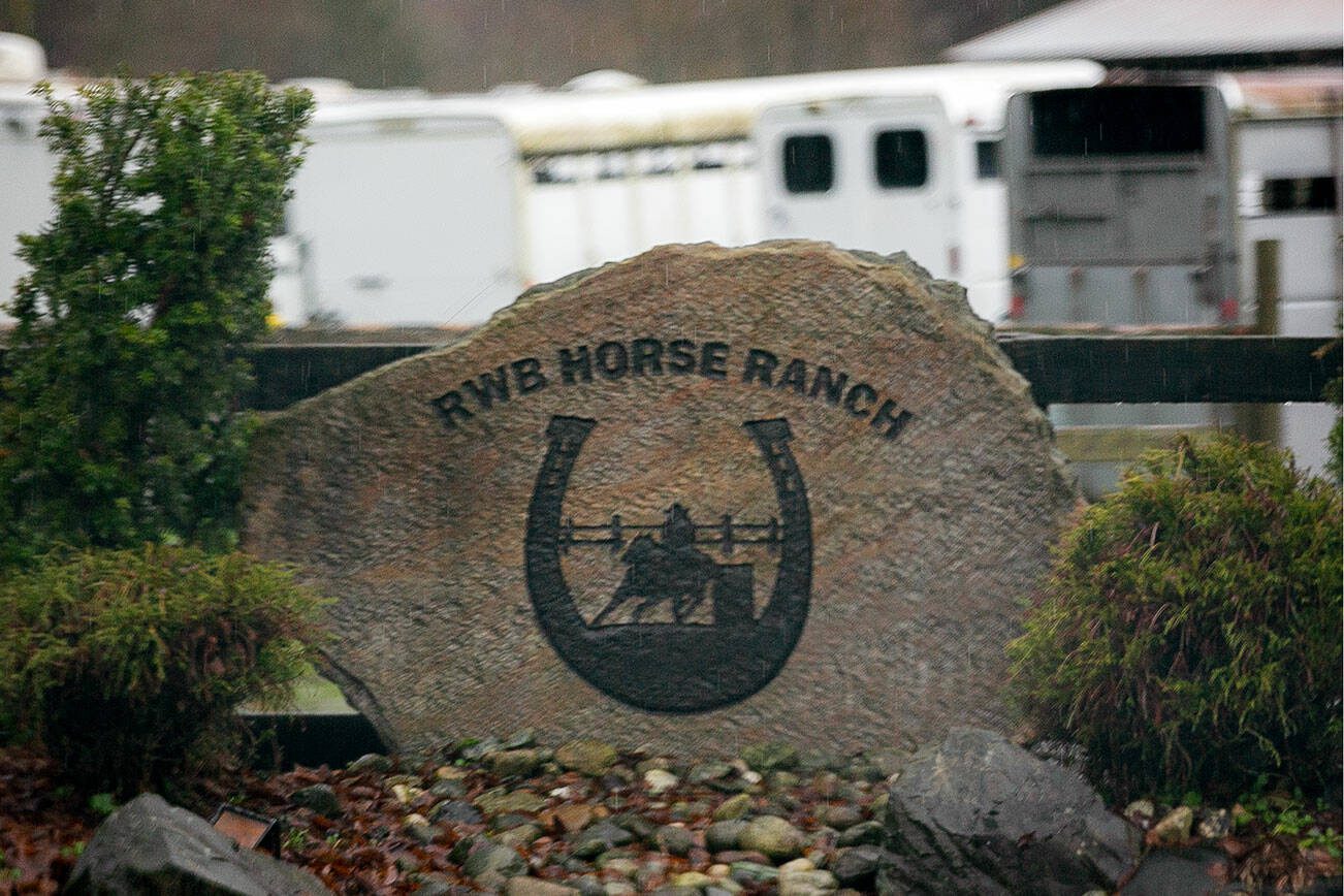 The sign for RWB Horse Ranch, formerly owned by Robert Blessing, is seen Friday, Dec. 22, 2023, in Arlington, Washington. (Ryan Berry / The Herald)