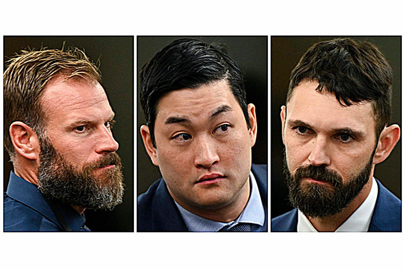 Matthew Collins, from left, Timothy Rankine and Christopher "Shane" Burbank. (Brian Hayes/The News Tribune via AP, Pool; File)