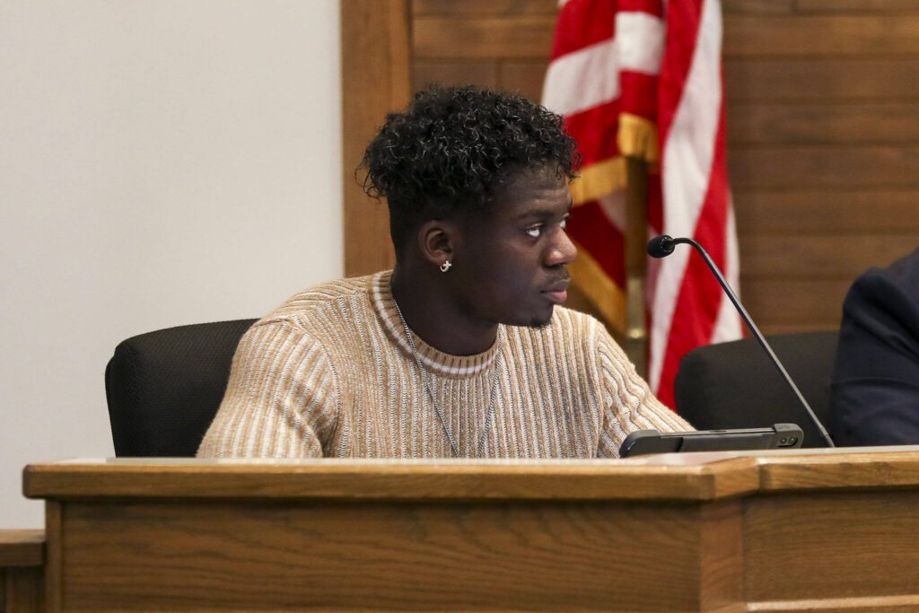 City council member Josh Binda listens during a city council meeting at Lynnwood City Hall in Lynnwood, Washington on Monday, Jan. 23, 2023. (Annie Barker / The Herald)
