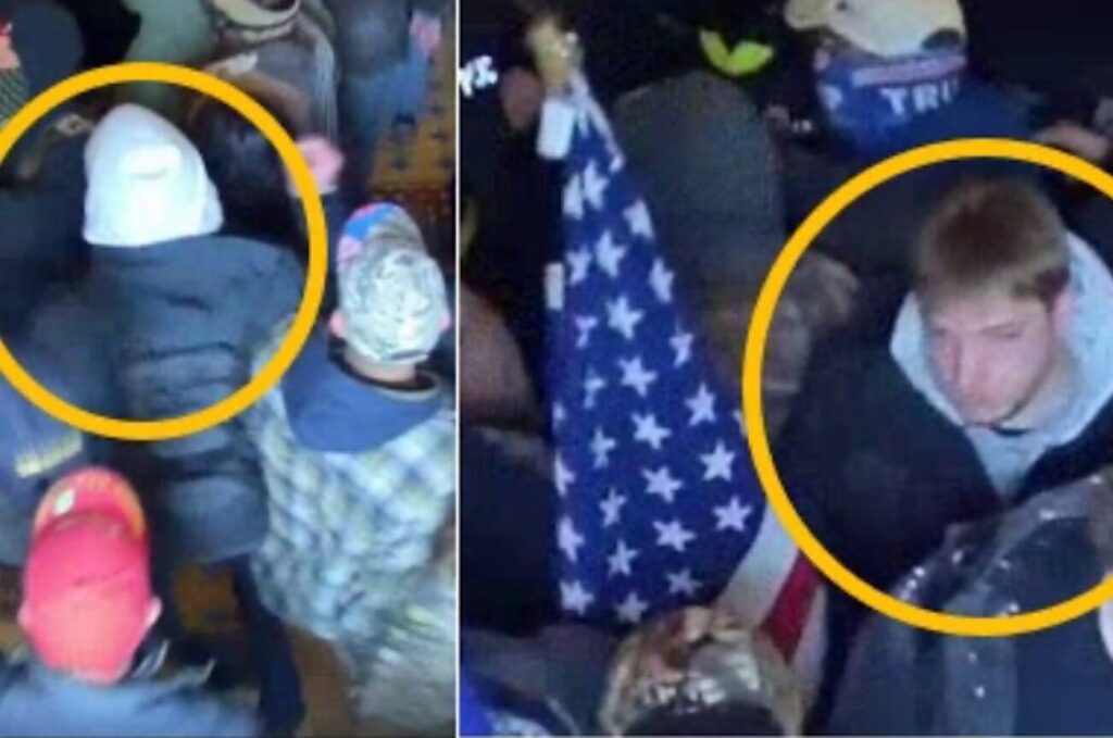 Matthew Stickney leans an American flag against the door of the Parliamentarian’s Office and leaves it there before continuing to exit the Capitol on January 6, 2021. He pulls his gray hood back over his head and exits the U.S. Capitol. (U.S. Attorney’s Office for the District of Columbia)
