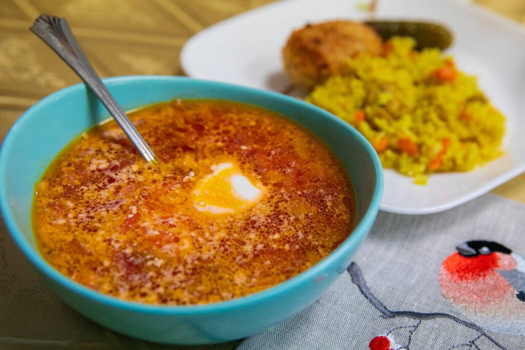 A bowl of borscht is served at European Deli Svitlana. Each employee at the deli makes their borscht a little different, offering diners a unique experience with each visit. (Ryan Berry / The Herald)
